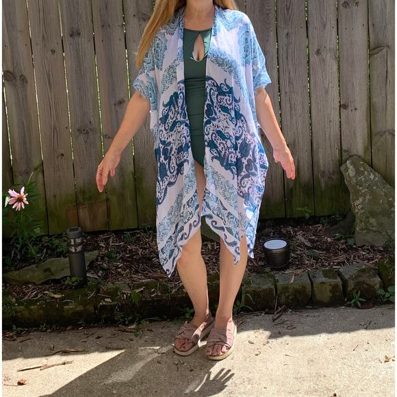Rachel Roy Boho Kimono Beach Cover Up in Blue Paisley Design, One Size Fits All - Picture 10 of 11